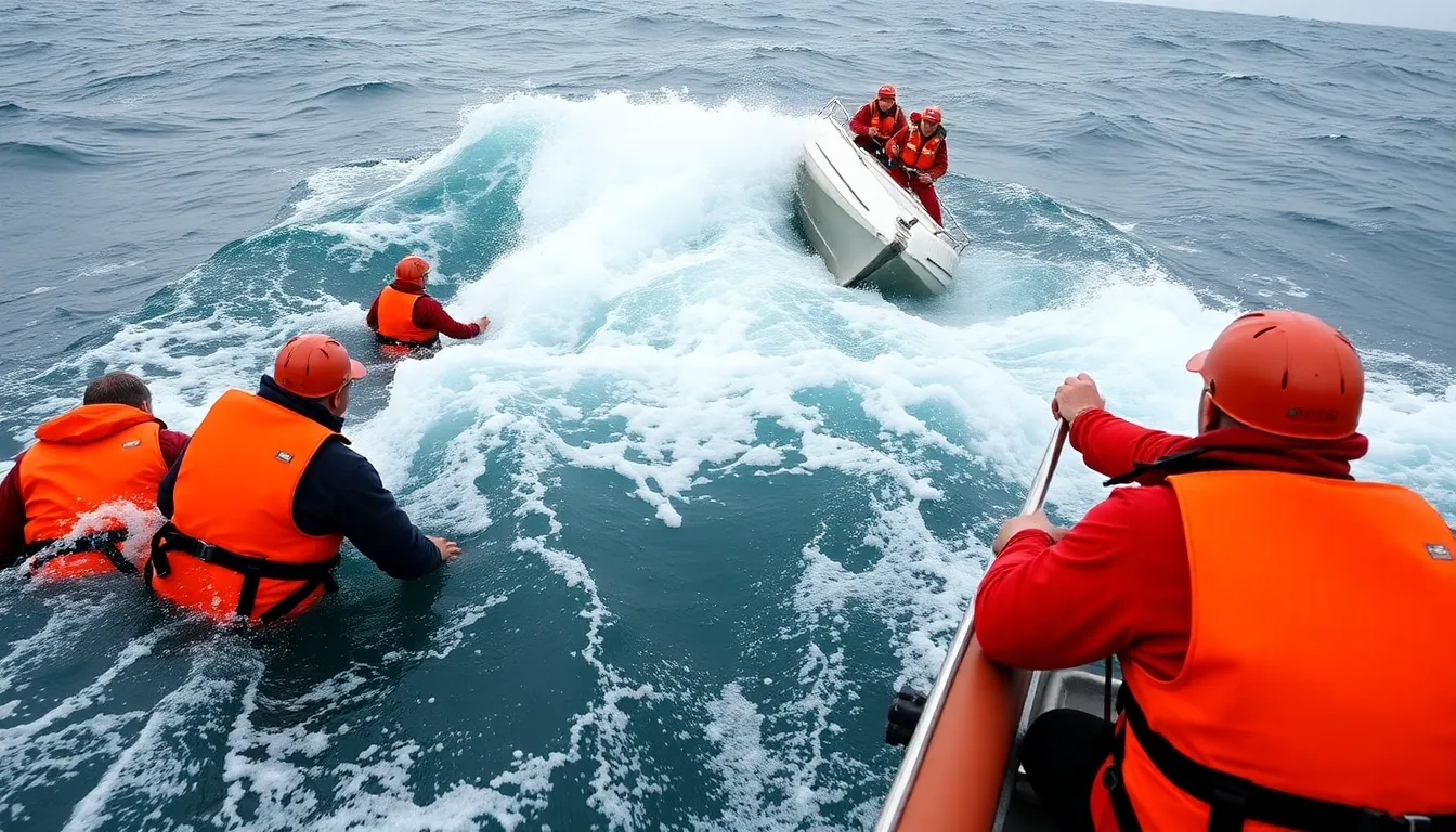 Emergency responders conducting a training exercise, emphasizing the importance of preparedness for maritime emergencies in challenging conditions