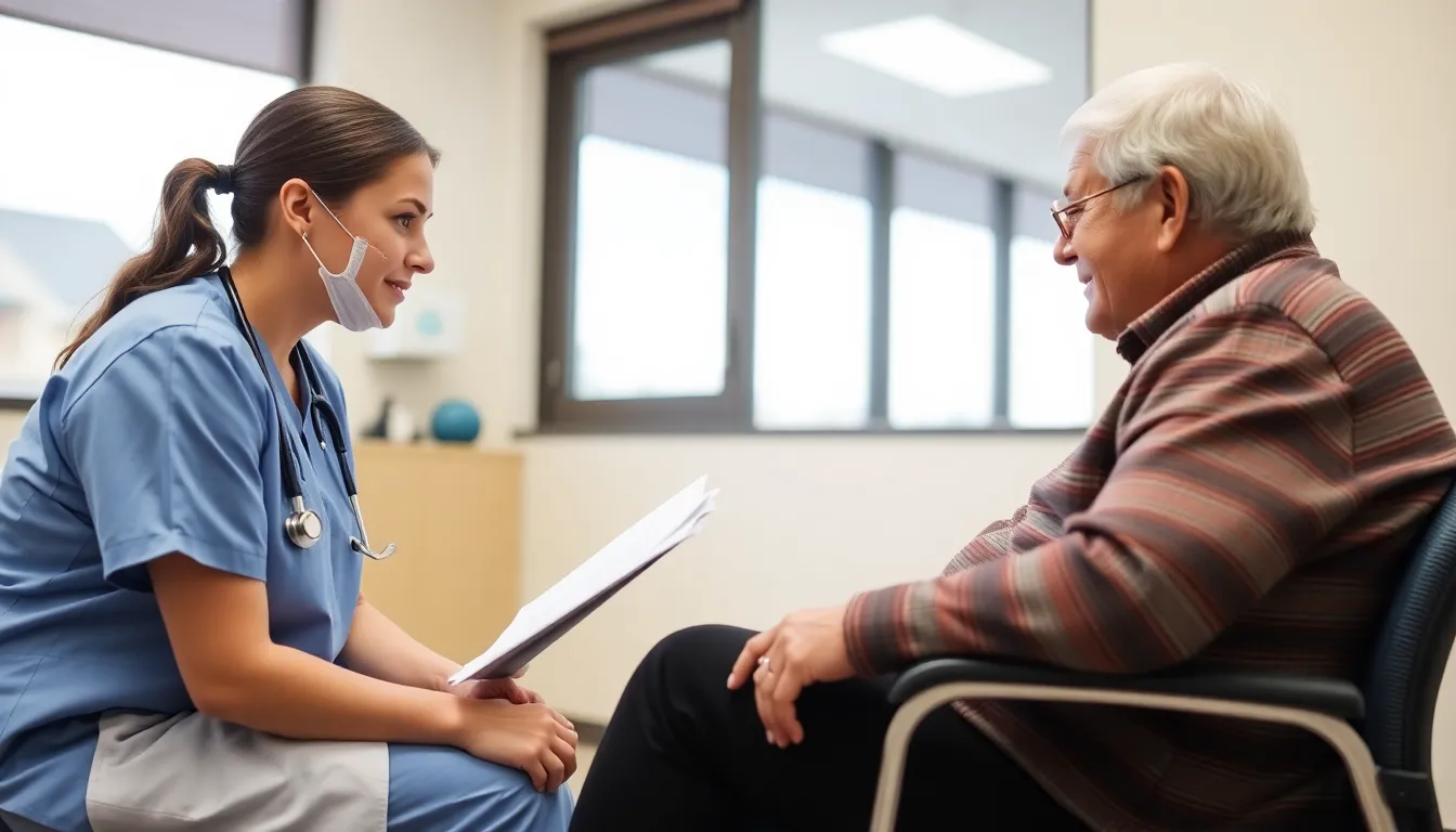 A healthcare professional discusses updated medical recommendations with an older adult in a clinic setting.