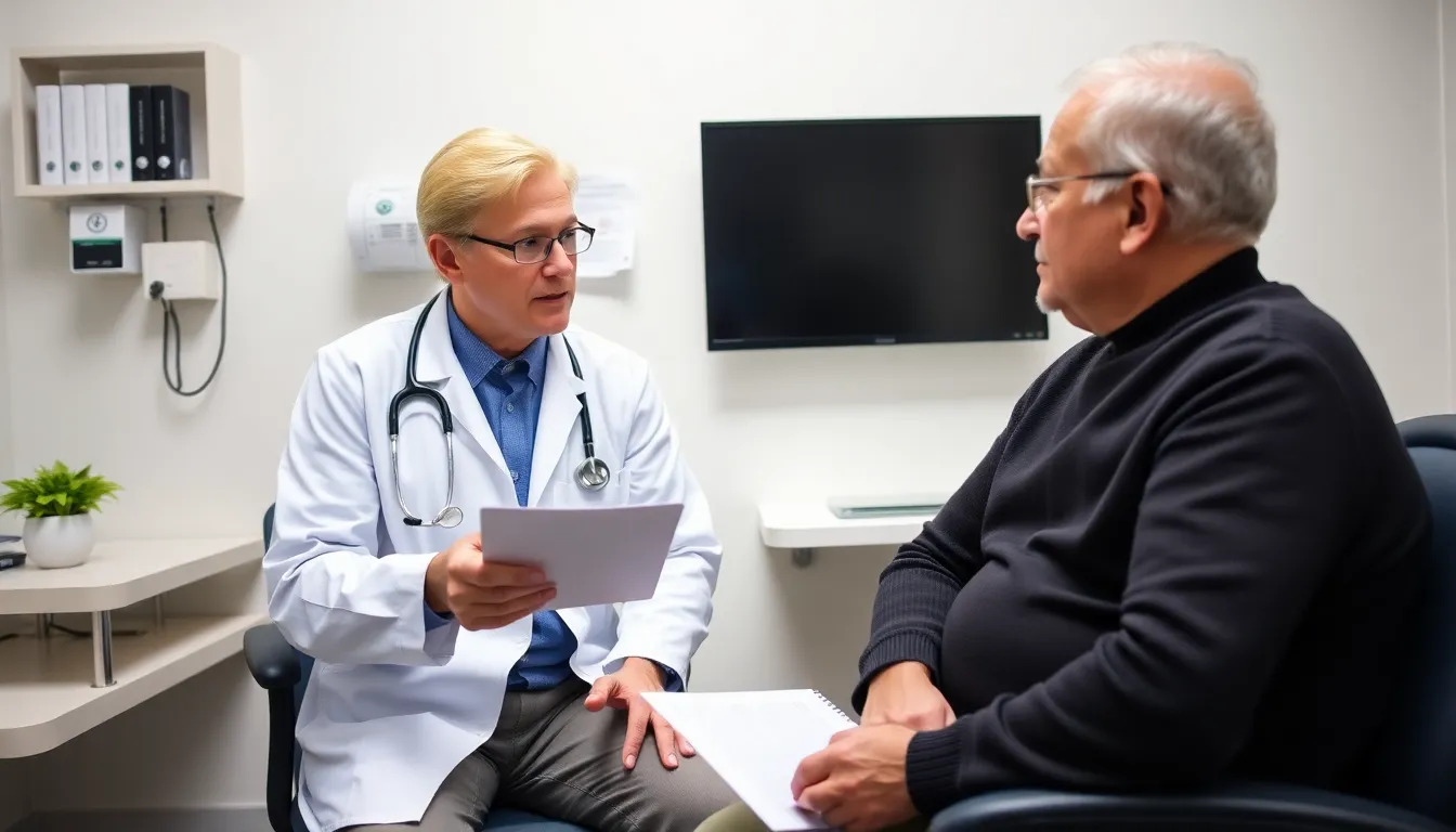 An older man reflecting thoughtfully while reading informational materials about prostate cancer screenings and their potential risks