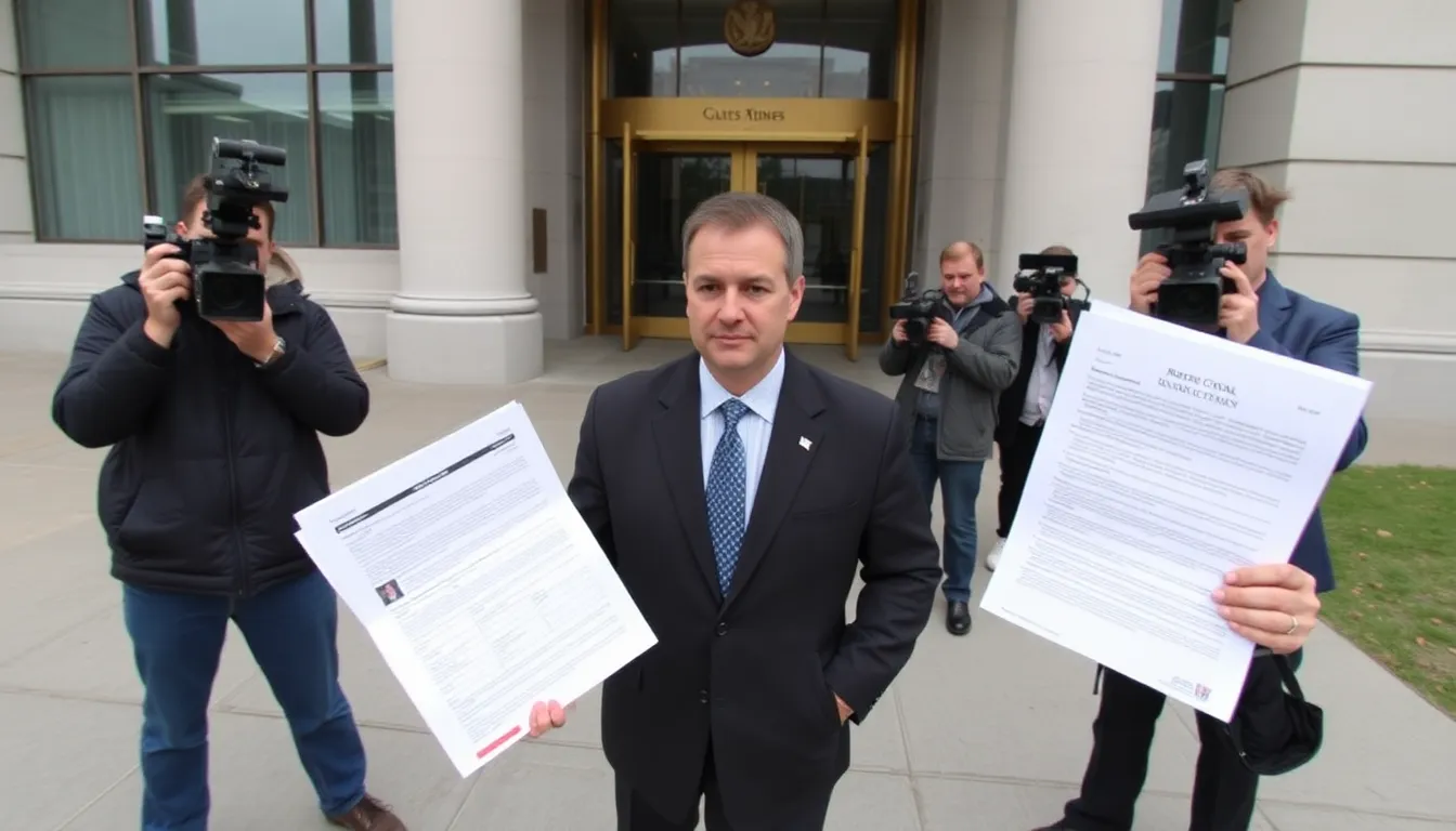 A Times reporter stands outside the Royal Canadian Mint, holding documents related to the investigation of cartel gold, as news cameras capture the unfolding story.