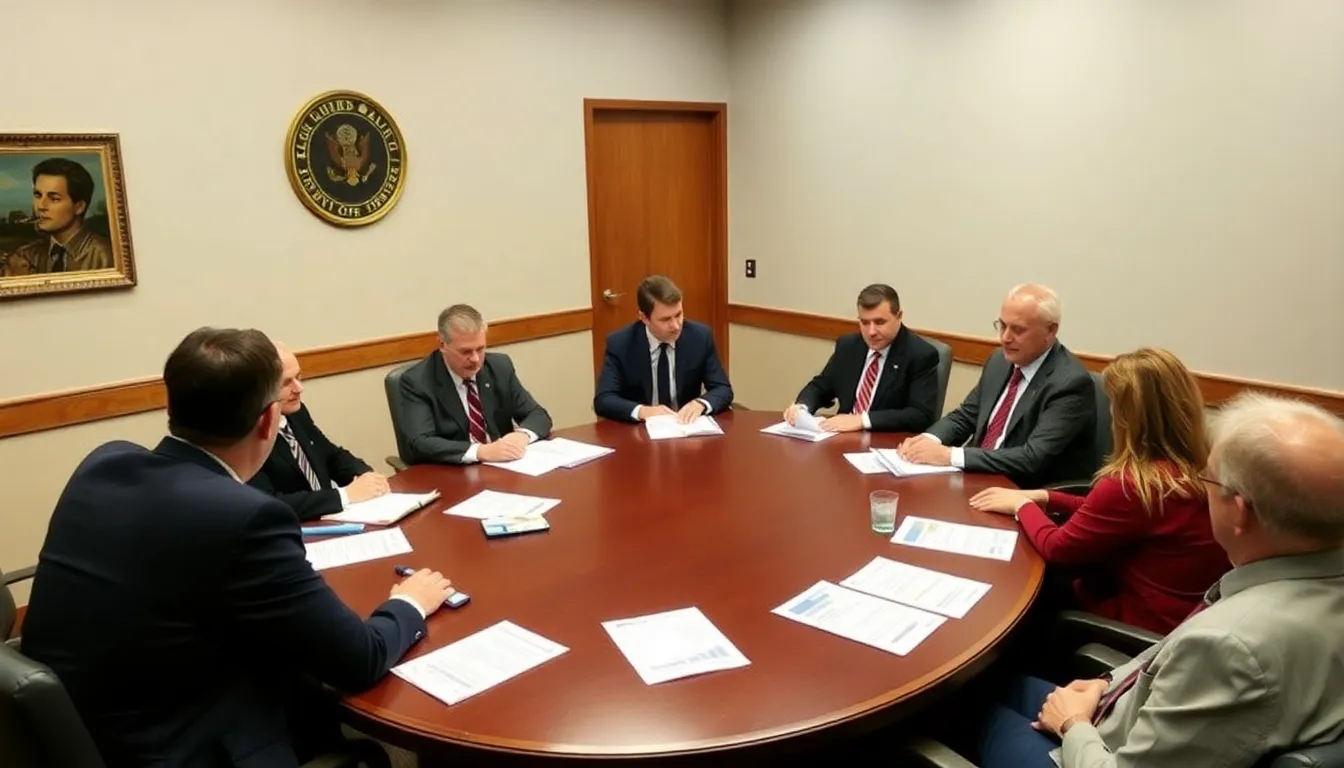 A group of lawmakers gathers in a conference room, discussing recent legislative changes that favor the tobacco industry, with documents and charts spread across the table.