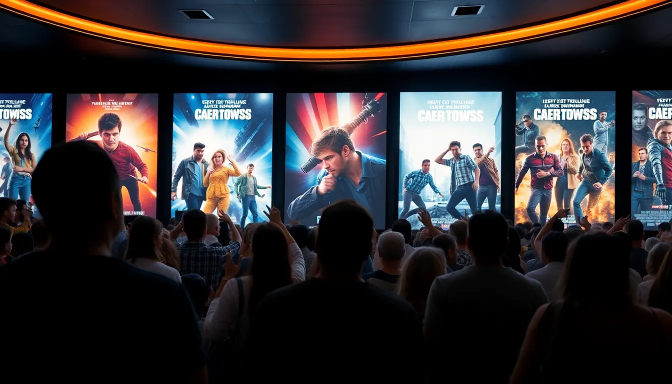 A crowded cinema showcases excited fans eagerly waiting to watch the latest action movie release, with posters of popular films prominently displayed in the background.
