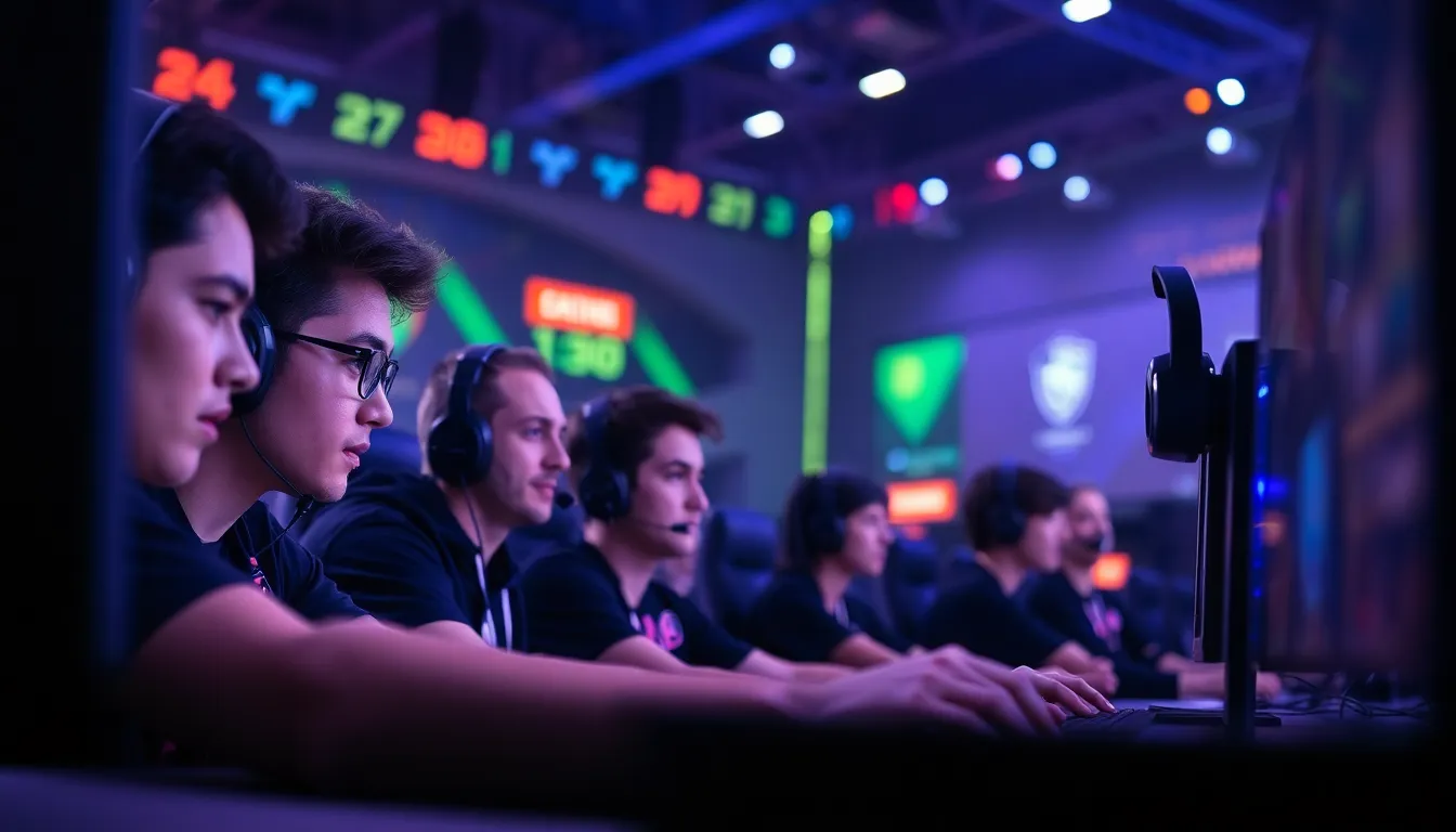 A group of esports players intensely focus on their screens during a highstakes tournament match, with colorful LED lights illuminating the gaming arena.