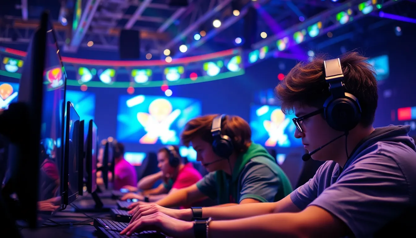 A packed esports arena buzzes with excitement as fans cheer for their favorite teams, illustrating the growing popularity and mainstream appeal of competitive gaming