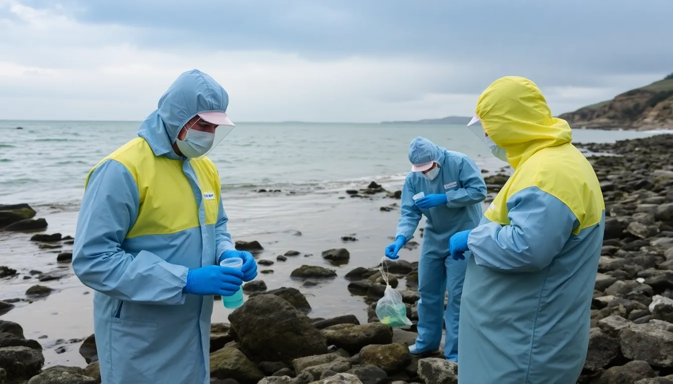 Researchers in protective gear collect water samples from the coastal waters off southern England, where high levels of toxic PFAS chemicals have been detected, raising concerns about environmental and public health.