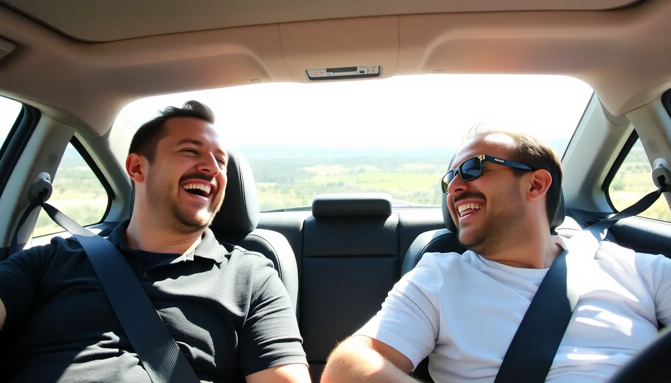 Two men share a laugh while sitting in a car during a road trip, embodying the themes of friendship and personal growth explored in the indie film 'The Travel Companion.'
