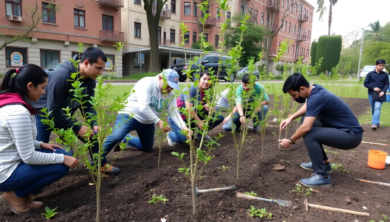 A group of volunteers plants young trees in an urban area, demonstrating community involvement in environmental restoration efforts.
