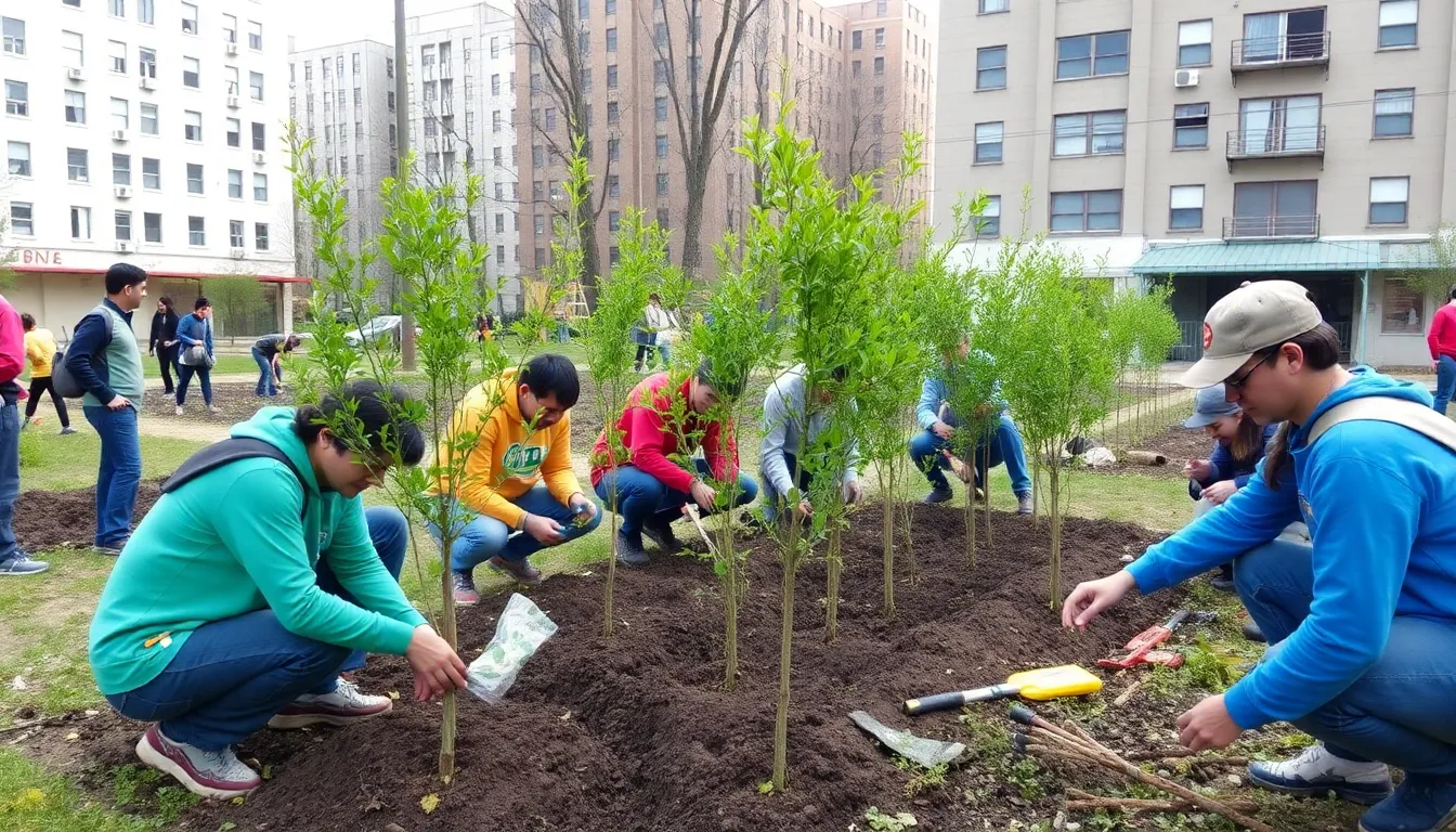 A local market bustling with visitors enjoying the newly created green spaces, highlighting the economic benefits of increased biodiversity and tourism