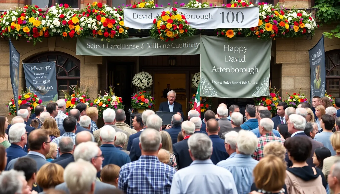 Crowds gather outside a venue adorned with flowers and banners to celebrate David Attenborough's 100th birthday, reflecting on his influential career in wildlife conservation and storytelling.