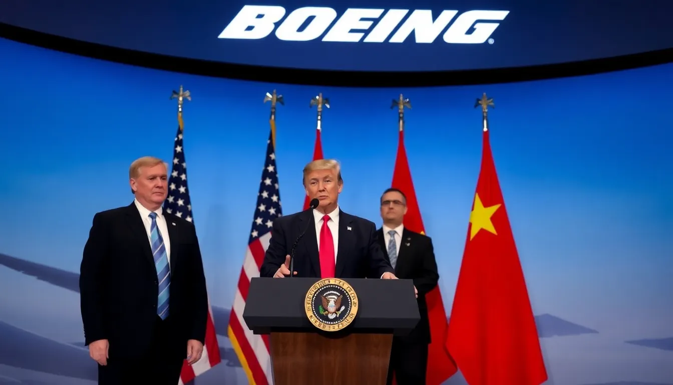 Former President Donald Trump and Boeing executives stand at a podium during a press conference announcing a  billion deal for the sale of 200 aircraft to China, with flags of the United States and China displayed in the background.