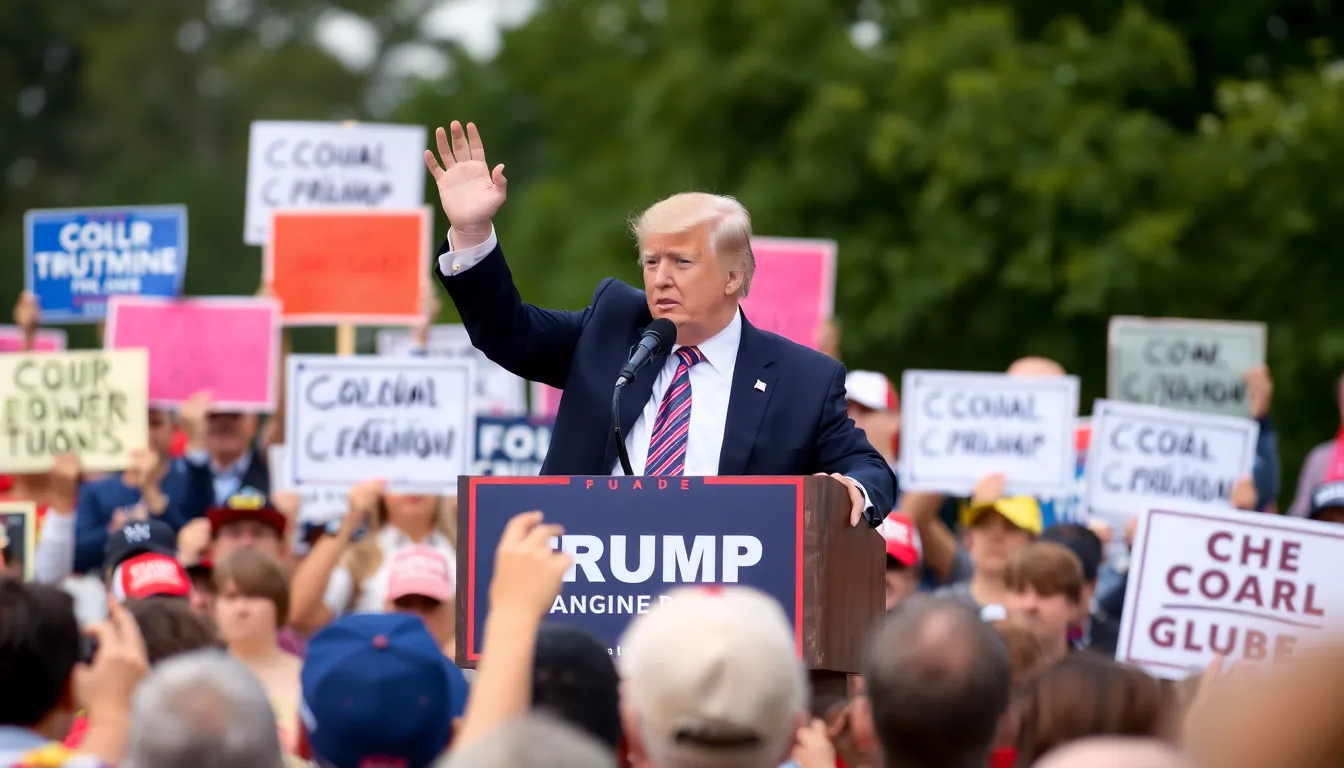 Former President Donald Trump speaks at a rally, advocating for the continued operation of coalfired power plants amid a backdrop of supporters holding signs.