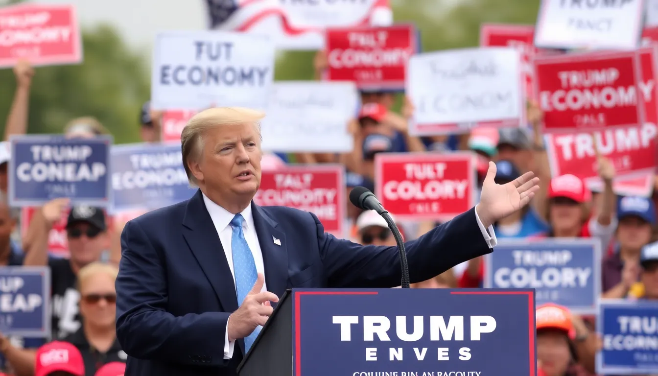Former President Donald Trump speaks at a rally, confidently asserting that the economy is strong despite rising fuel prices, while supporters hold signs in the background.