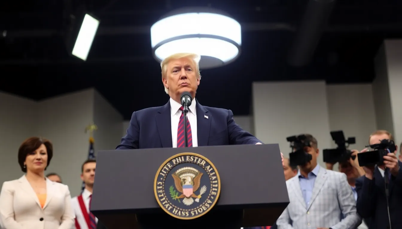 Donald Trump speaks at a podium during a press conference, urging the European Union to ratify the trade deal by July 4 while flanked by advisors and reporters.