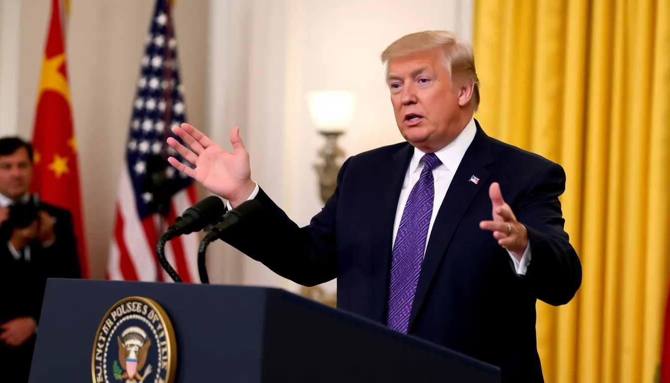 Former President Donald Trump speaks at a podium during a press conference, outlining his revised approach to U.S.China relations amid ongoing trade negotiations.