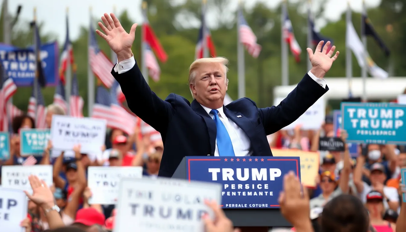 Former U.S. President Donald Trump raises his arms in celebration at a rally, surrounded by supporters, following the news of Nicolás Maduro's capture in Caracas.