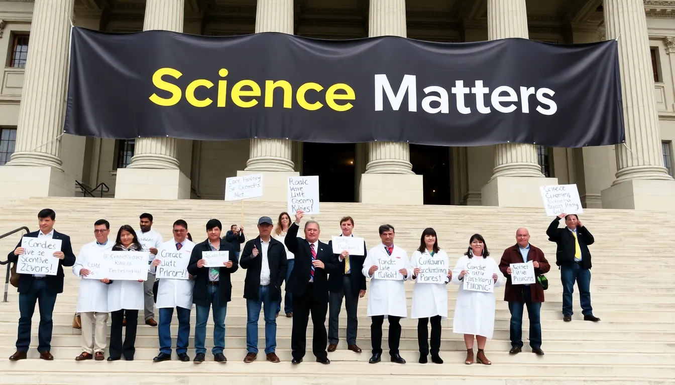 A group of scientists stands outside a government building, holding signs that advocate for scientific integrity and funding, while a banner reading "Science Matters" is displayed prominently above them.