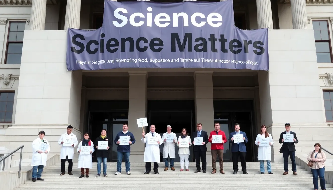 Young researchers expressing concerns during a conference about the impact of political agendas on scientific integrity and innovation