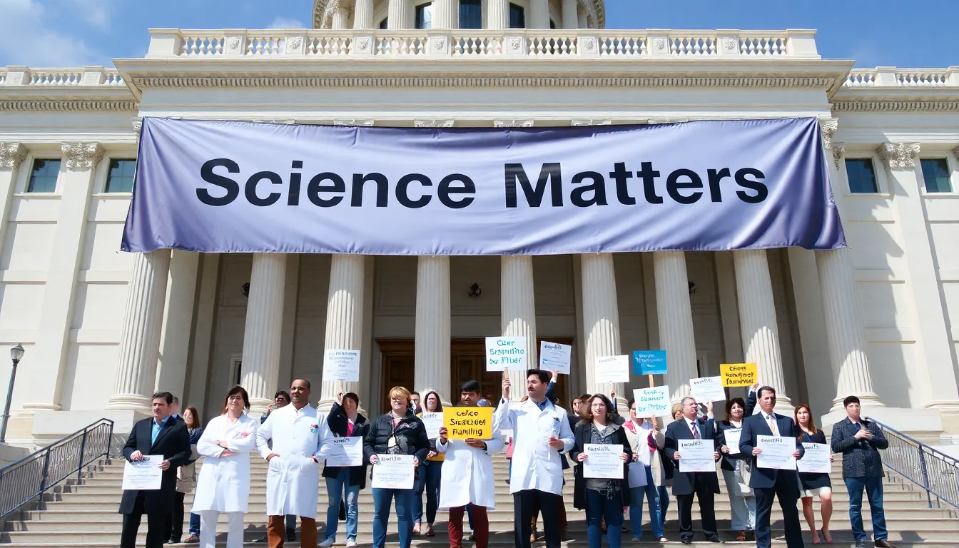 A protest scene where scientists advocate for the independence of scientific inquiry from political interference, emphasizing the importance of evidencebased policies