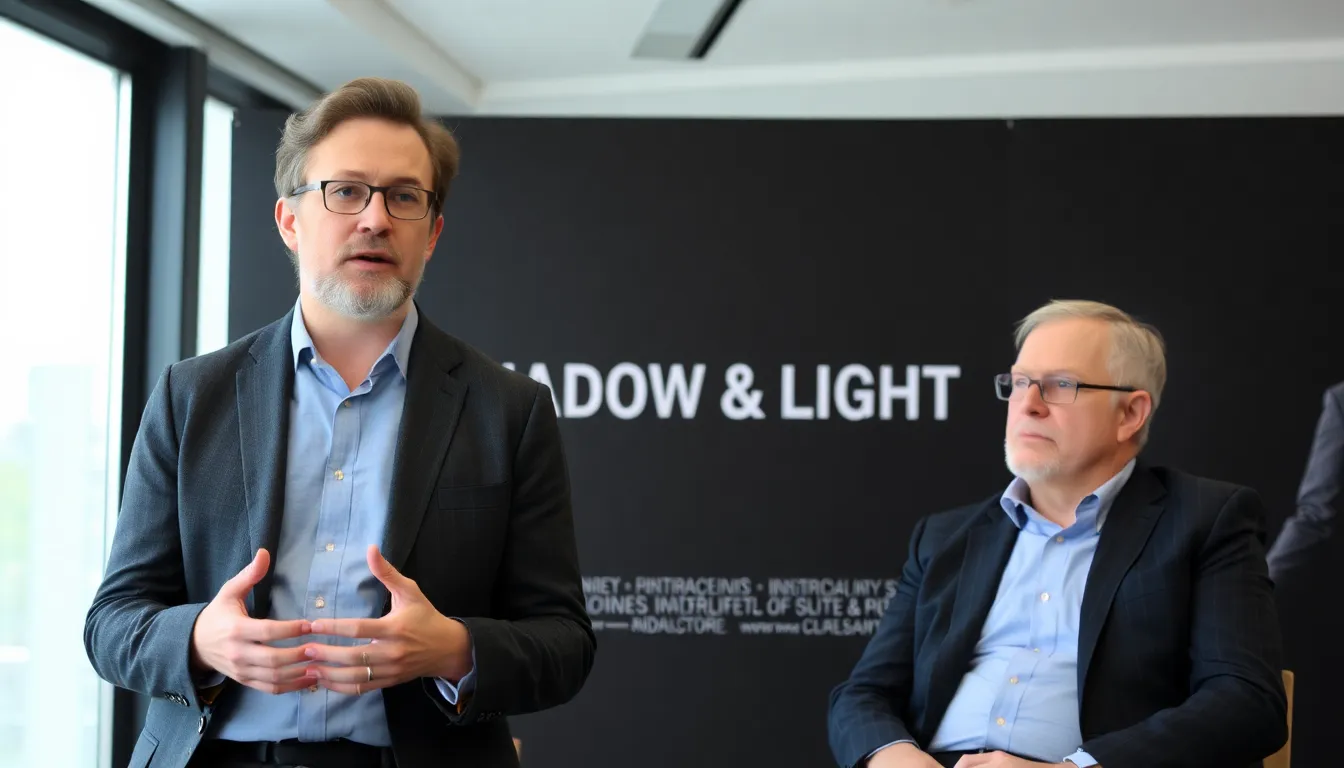 Niels Arden Oplev speaks at a press conference announcing the acquisition of his new film Shadow & Light by TrustNordisk, with Esben Smed seated beside him.