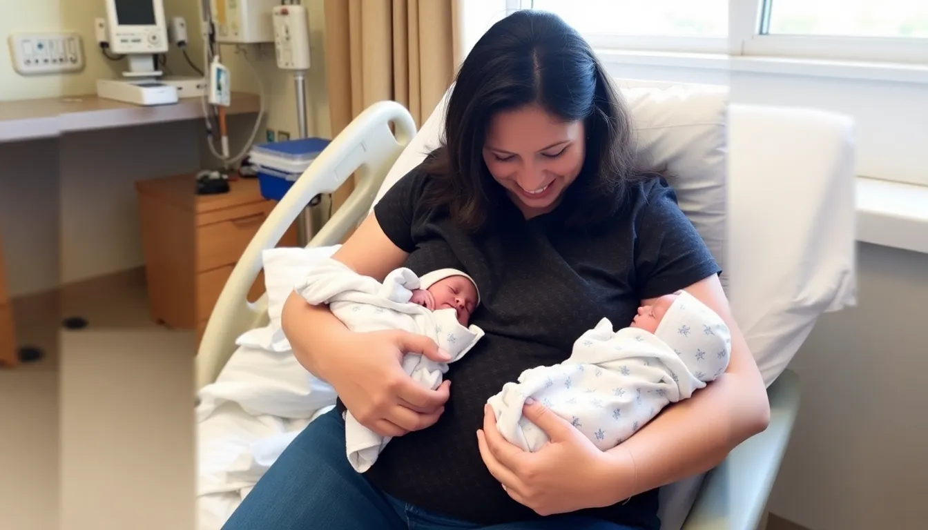 A mother holds her newborn twins, who were born just weeks apart, while sitting in a hospital room, highlighting their unique story of having different biological fathers.