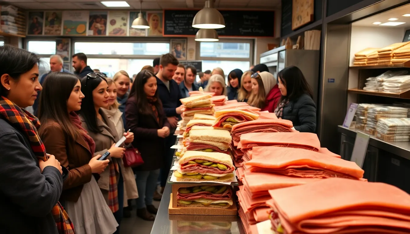 A bustling sandwich shop in London, where customers eagerly line up to try the highly talkedabout salty sandwich, reflecting its popularity on social media