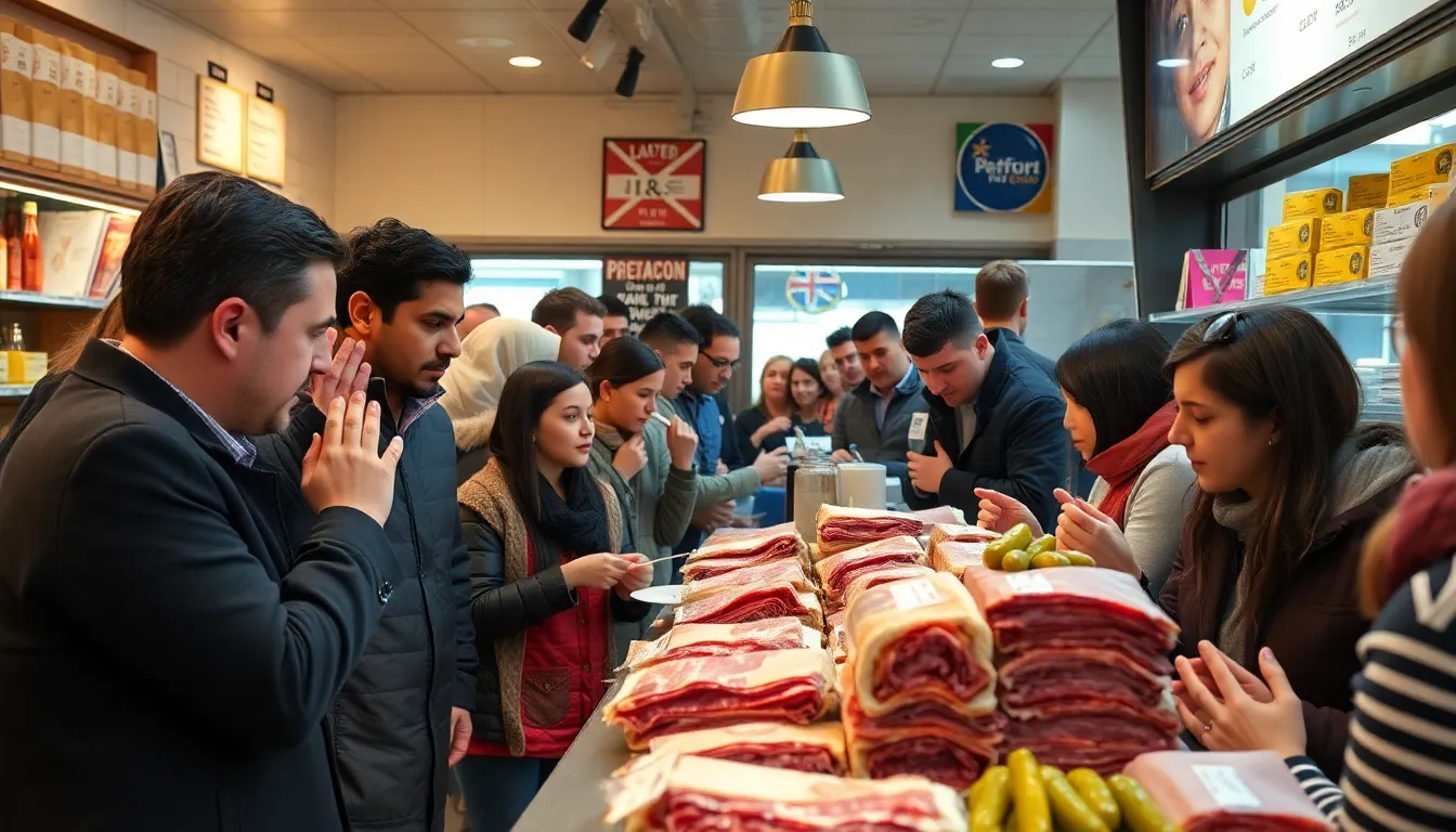A crowded London sandwich shop showcases the saltiest sandwich in the UK, featuring layers of cured meats and pickles, as curious customers line up to try this controversial culinary creation.