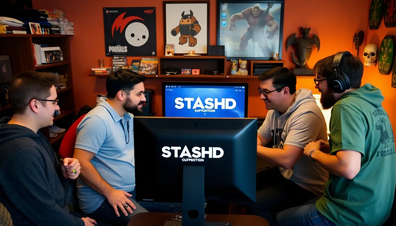 A group of gamers gathers around a computer screen, intently discussing the features of the STASHD platform while surrounded by gaming memorabilia and digital collectibles.