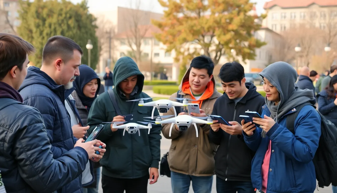 A group of concerned industry experts discussing the implications of the drone sales ban at a technology conference