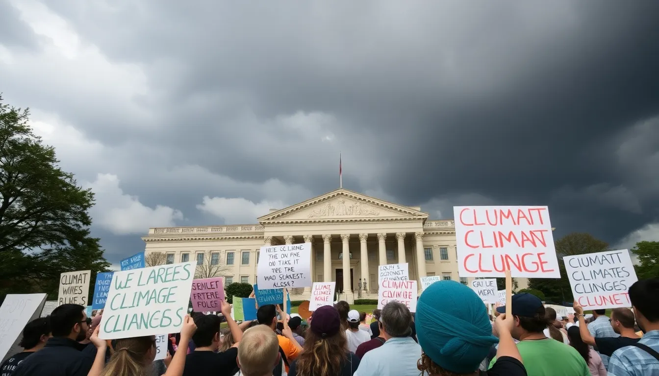Protesters gather in front of a government building, holding signs demanding action on climate change as dark storm clouds loom overhead.