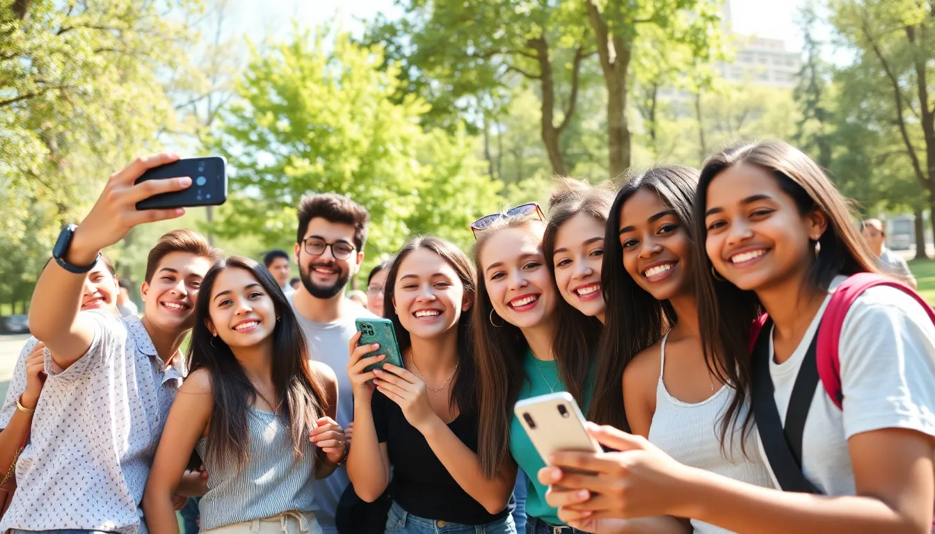 A group of young people gather in a park, each taking selfies with their smartphones while laughing and enjoying a sunny day.