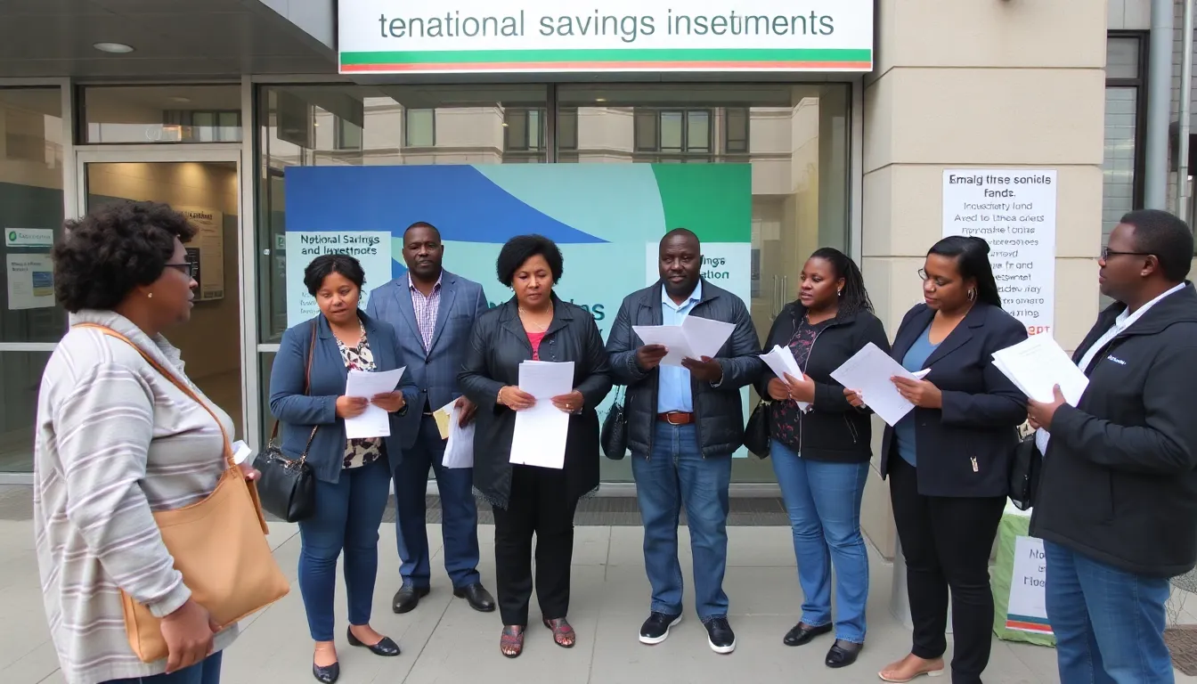 A group of frustrated customers stands outside a National Savings and Investments office, discussing their difficulties accessing funds amid reports of missing savings and bonds.