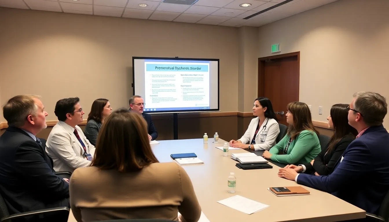 A group of healthcare professionals discusses strategies to improve awareness and treatment options for Premenstrual Dysphoric Disorder during a conference.