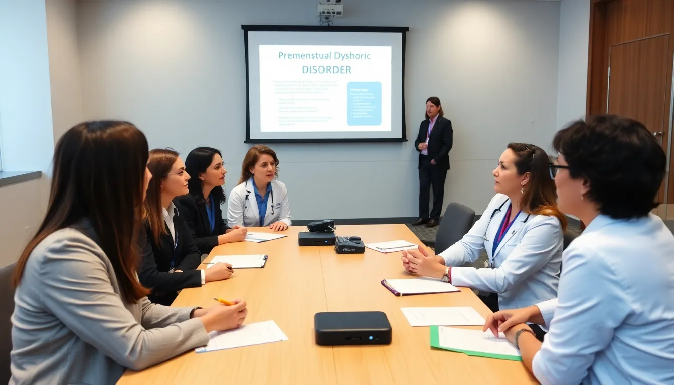 A group of healthcare professionals engaged in discussions at a conference, focusing on the latest advancements in PMDD treatment and awareness