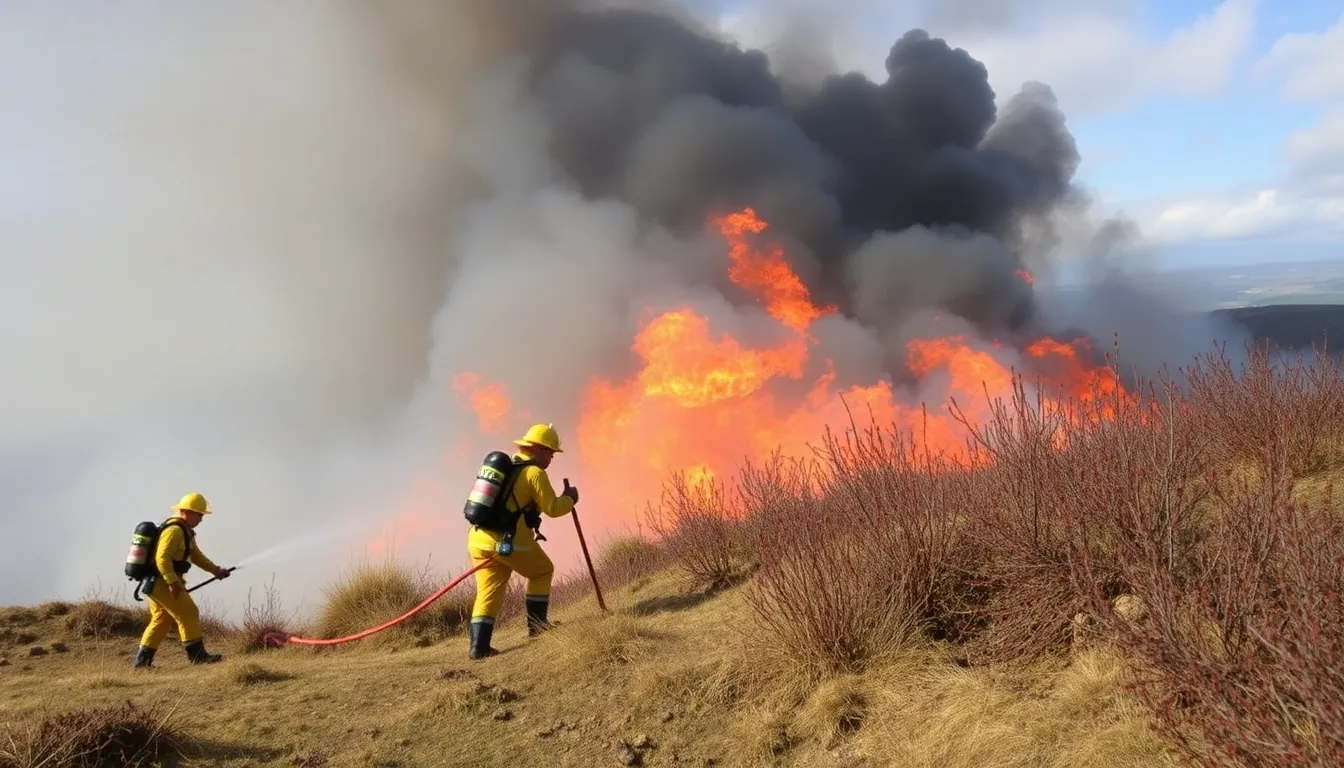 Firefighters battle a large wildfire in the Mourne Mountains, with thick smoke rising and charred vegetation surrounding the scene.