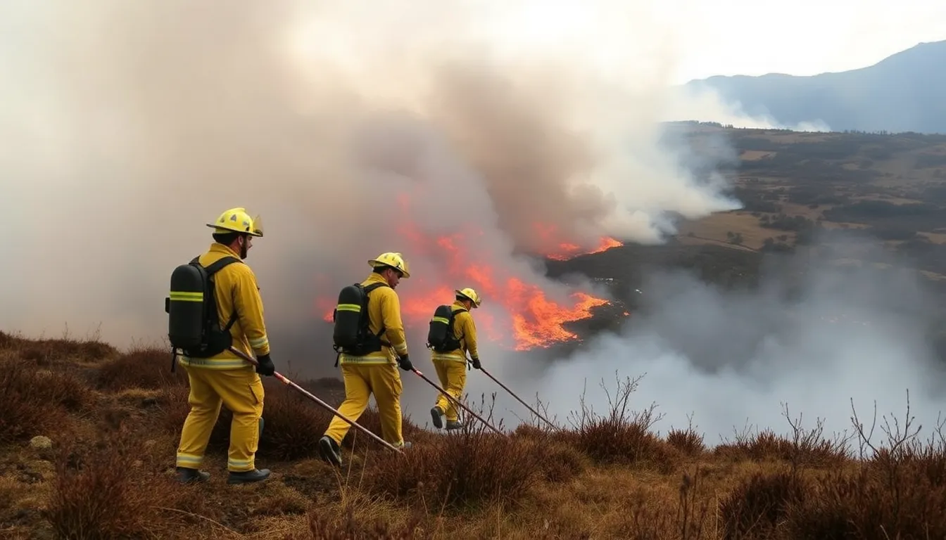 Emergency services in action as they respond to a major wildfire in the Mourne Mountains, showcasing the urgency of firefighting efforts