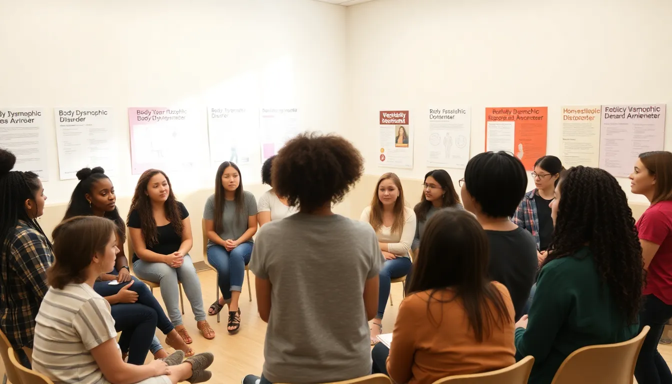 An awareness event taking place, where individuals are gathered to discuss Body Dysmorphic Disorder and share personal experiences