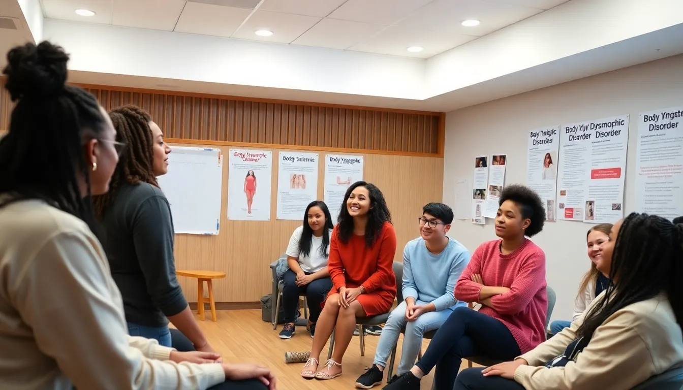 A diverse group of people participating in a campaign promoting body positivity, showcasing support for those affected by BDD