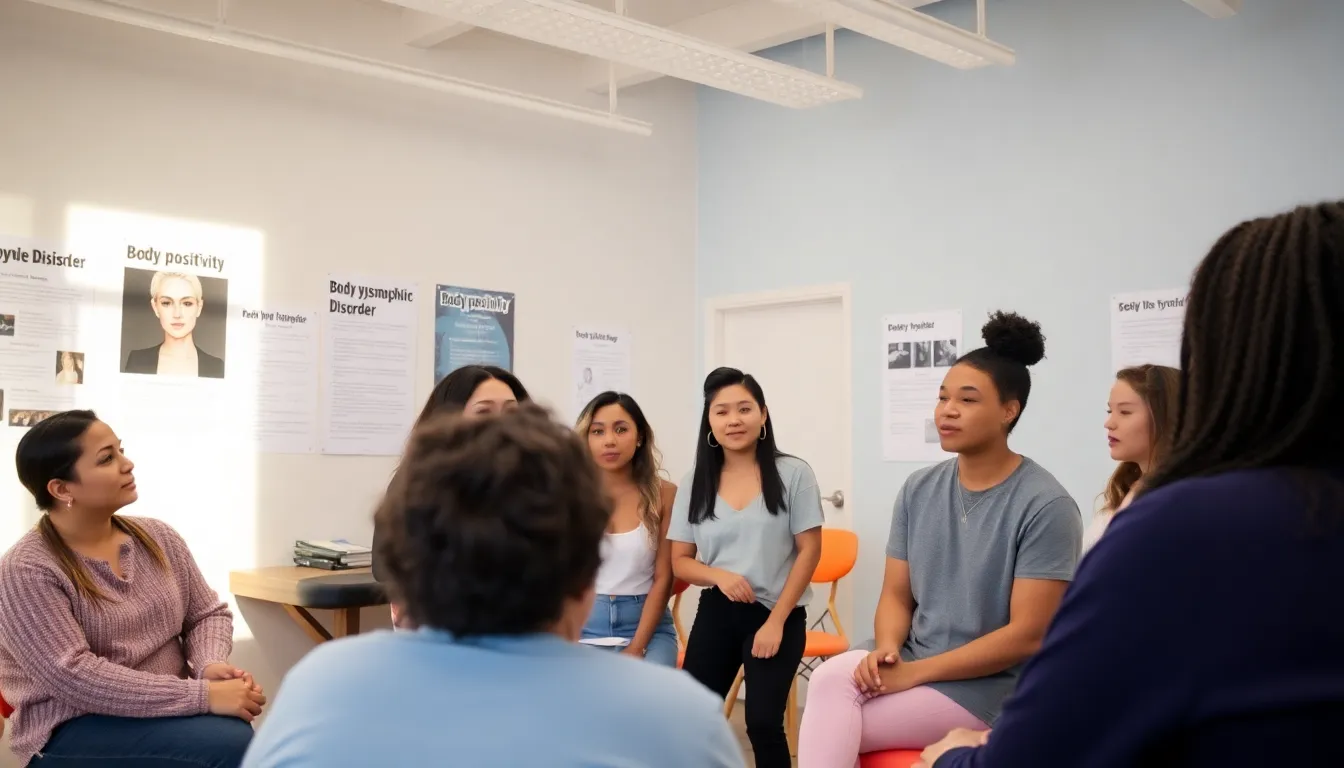 A group of young adults participates in a workshop focused on body positivity and mental health awareness, surrounded by informational posters about Body Dysmorphic Disorder.