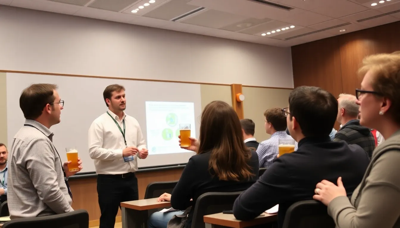 Researchers present findings on the health benefits of moderate beer consumption during a conference at the University of Reading, with attendees engaged in discussion.
