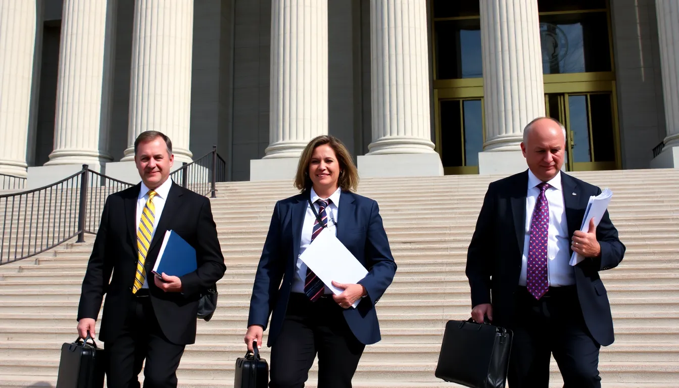 A courtroom scene where legal representatives are engaged in discussions, highlighting the serious nature of the ongoing dispute over music rights
