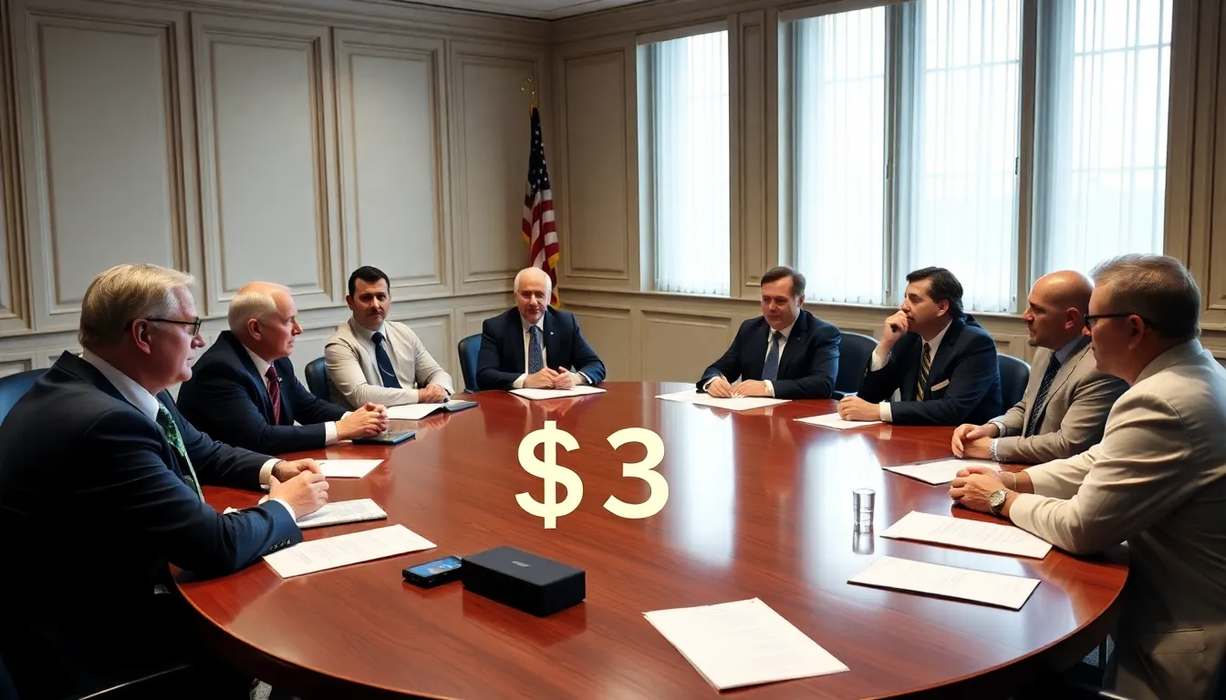 A group of economists and policymakers gather in a conference room, discussing the implications of the U.S. national debt surpassing  trillion.