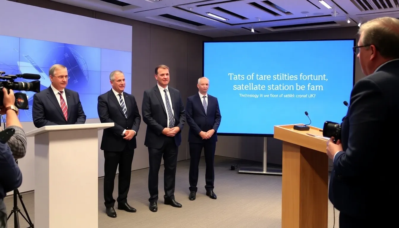 A group of executives from a US technology firm discusses plans for the acquisition of a satellite station in the UK during a press conference.