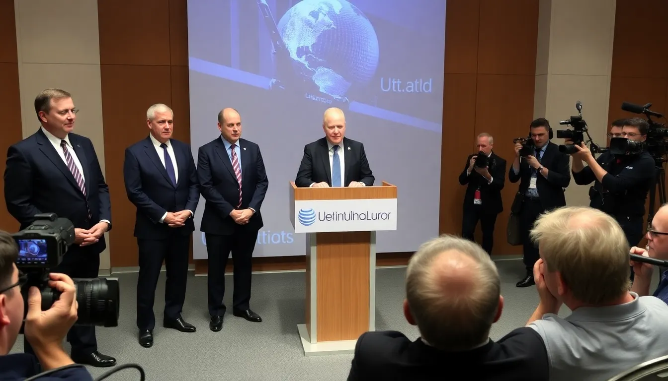 A group of industry analysts discussing the implications of the £37 million deal for satellite technology advancements in a modern conference room