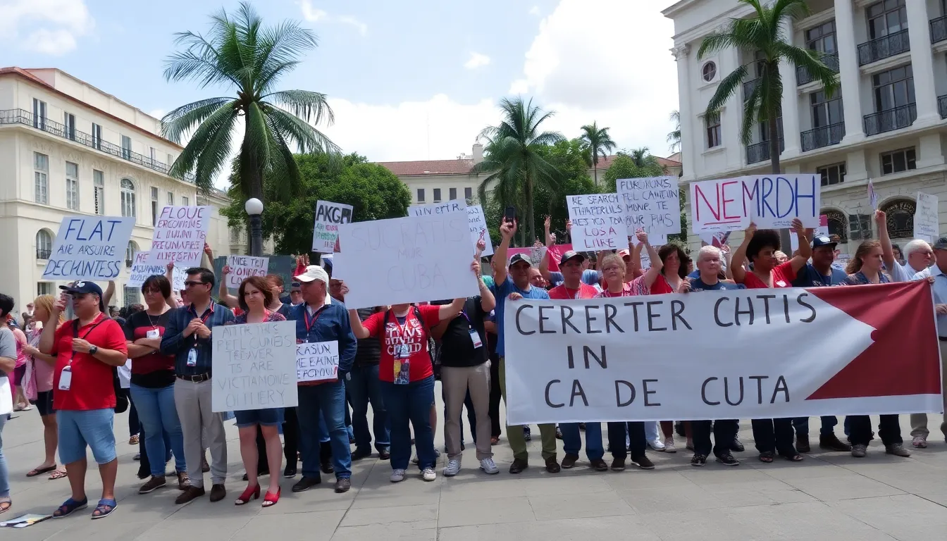 Supporters of democracy in Cuba gather in a public square, holding signs and banners demanding political reforms and expressing solidarity with those affected by the regime's repression.