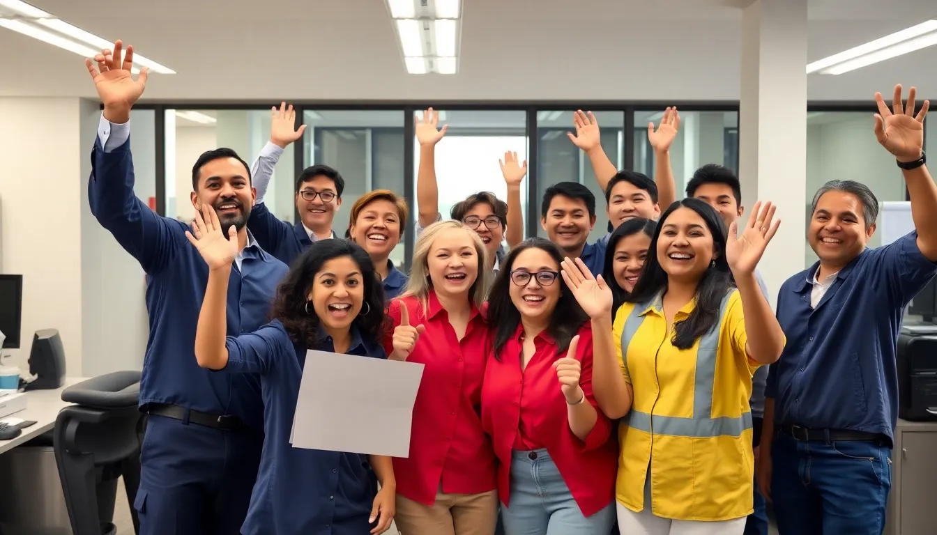 A diverse group of workers in various uniforms celebrates a recent report showing significant job growth in the US economy, with smiles and gestures of excitement in an office setting.