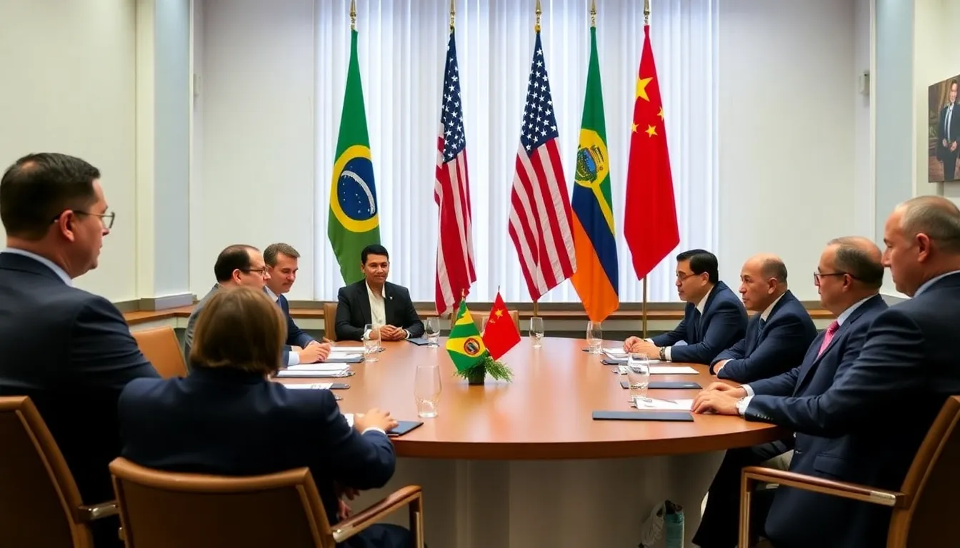 A group of South American leaders gathers at a conference table, discussing the implications of U.S.China competition in the region, with flags of the respective countries prominently displayed in the background.