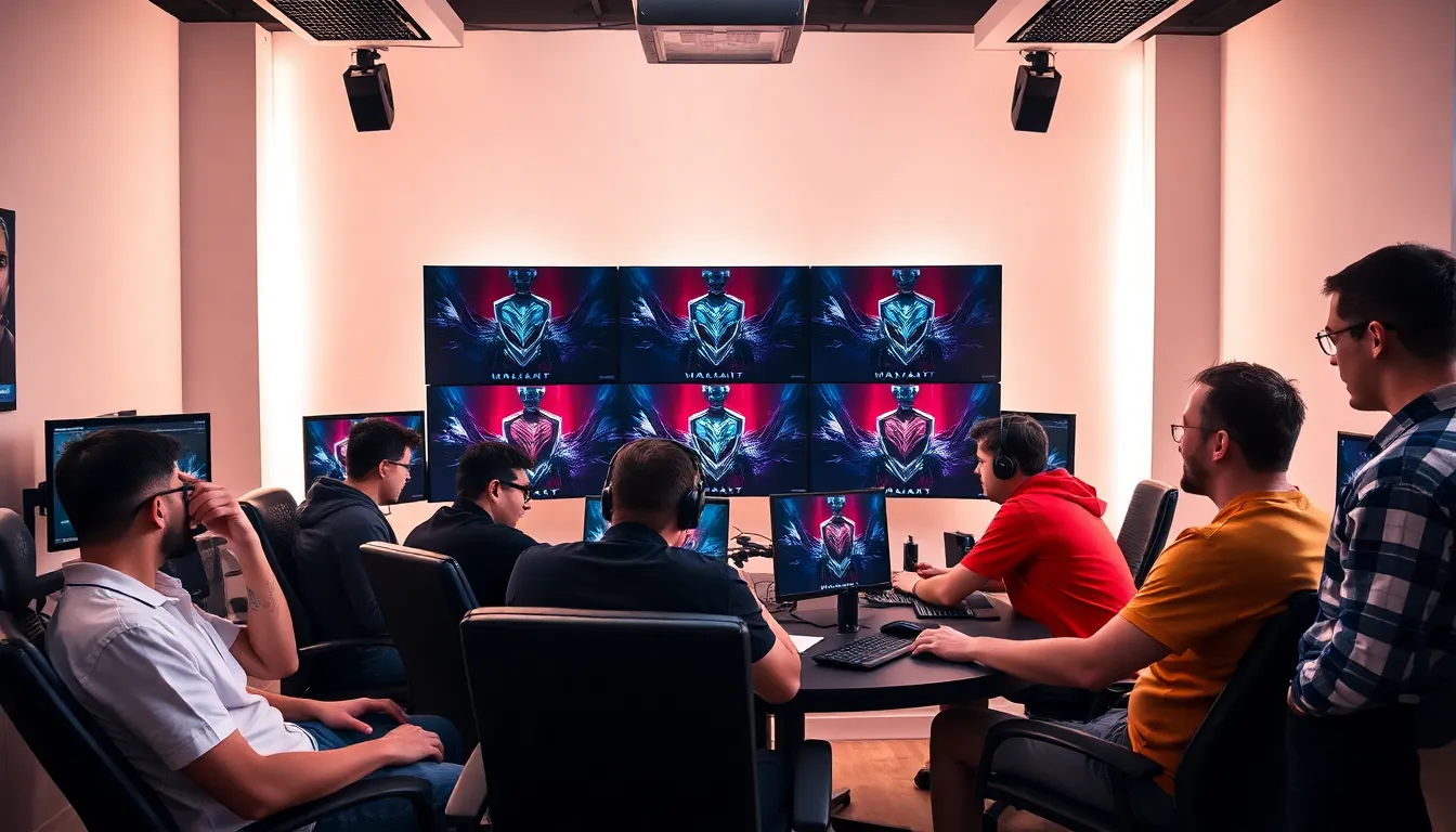 Players strategize around a gaming setup featuring Valorant on multiple screens, with intense focus as they prepare for the upcoming Masters London tournament.