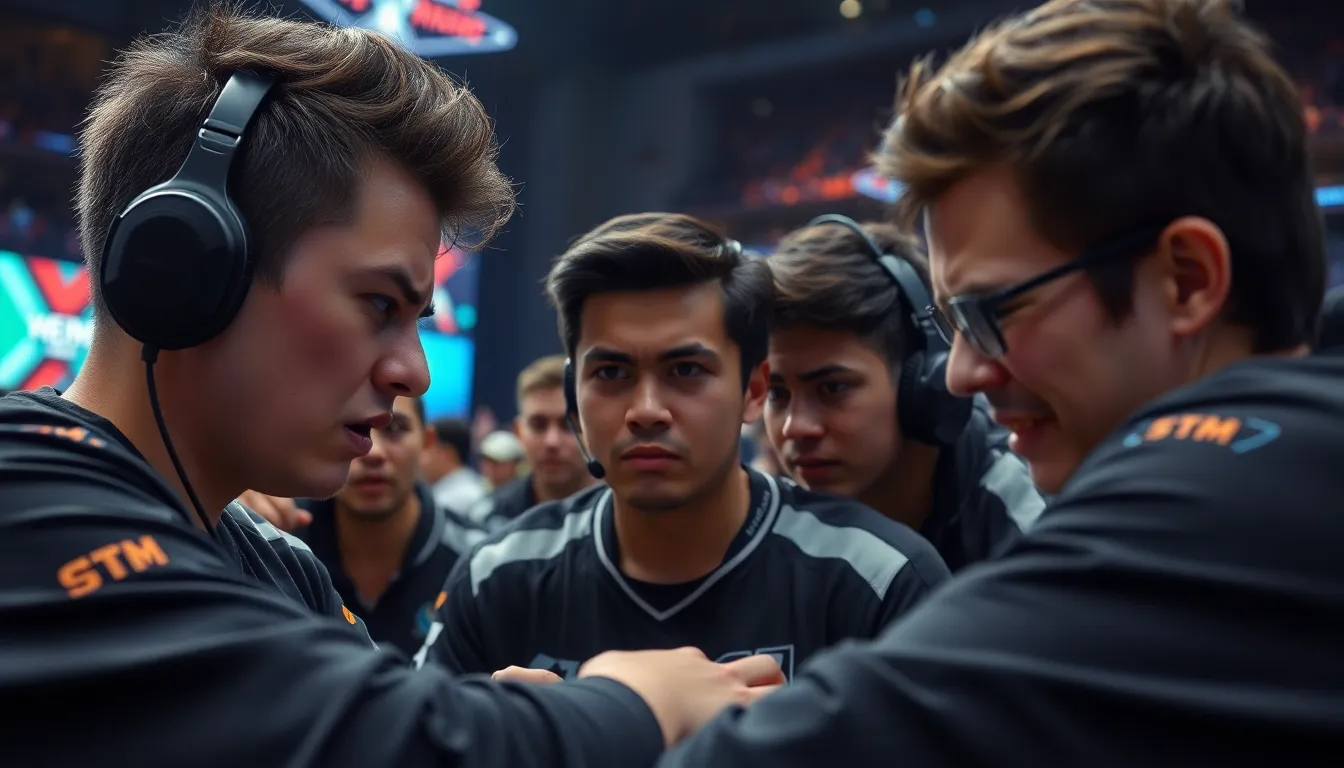 T1 VALORANT players huddle together in a tense moment during a match, showing expressions of frustration and determination as they strategize for their next play amidst a backdrop of cheering fans.