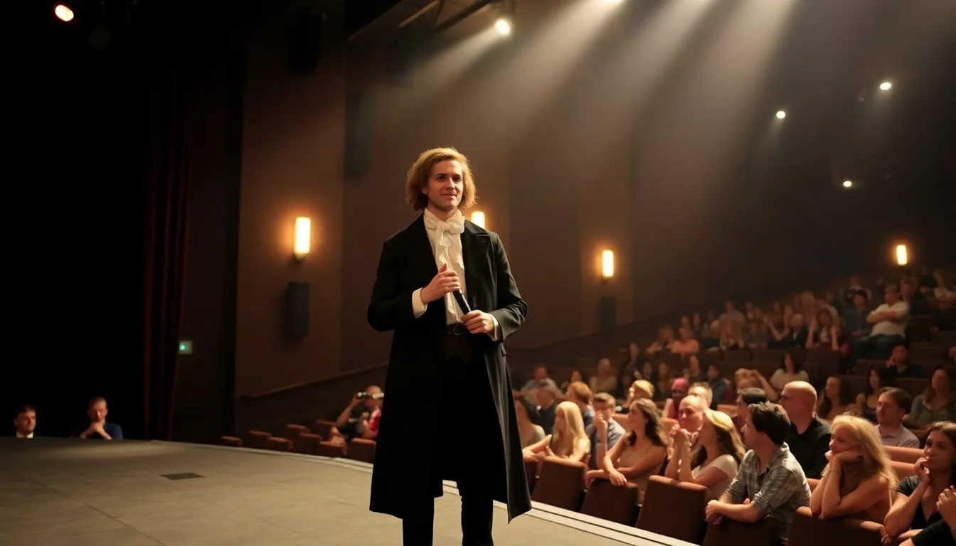 Jacob Anderson, portraying Lestat, stands confidently on stage during the announcement event for the aftershow of The Vampire Lestat at AMC+, engaging with an enthusiastic audience.