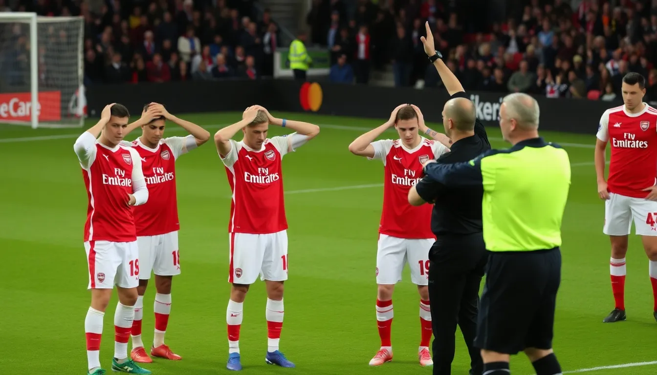 Arsenal players react in disbelief as a controversial VAR decision denies them a potential goal during a crucial match against Manchester City.